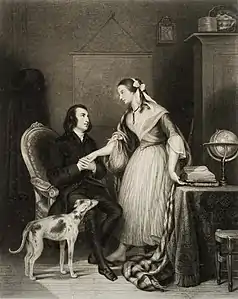 Jeanie Deans chez Reuben Butler, 1841, gravure de George Maile d'après Rimbaut-Borrel.