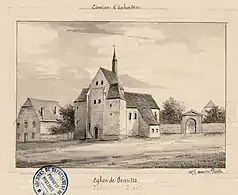 Croquis de l'église en 1875: l'édicule qui surplombe la nef a aujourd'hui disparu.