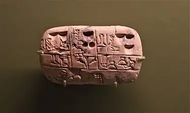 Tablette d'argile proto-cunéiforme divisée en cases sur trois lignes.