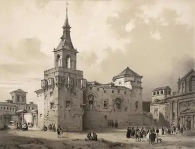 Palais des Archevêques d'Alcalá de Henares, lithographie d'Auguste Mathieu d'après un dessin de Jenaro Pérez Villaamil (1850).