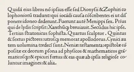 Texte de Laertius, 1475, avec la lettre et dans l’abréviation ‹ qꝫ ›.