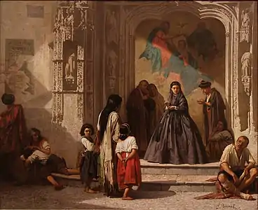 Léon Bonnat : Jeune femme faisant la charité devant l’entrée de la chapelle de l’hôpital de San Sebastian à Cordoue (1863).