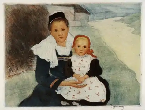 Jeune fille et enfant de Rosporden, eau-forte et aquatinte en couleur, Quimper, musée départemental breton.
