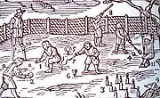 Gravure du XVIIe siècle représentant des jeux populaires (origine :Orbis sensualium pictus)