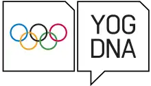 Ancien logo des JOJ composé des anneaux olympiques dans un carré et d'une bulle avec la mention en anglais YOG DNA