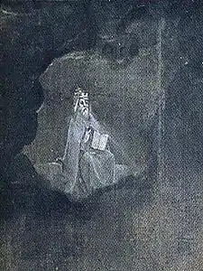 Portrait en grisailles et en pied d'un personnage de trois-quart face, barbu, assis sur un trône et tenant un livre dans la main gauche et effectuant un signe sacerdotal de la main droite.