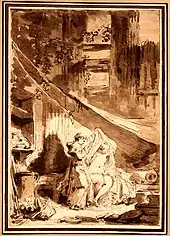 L'Hermite (détail), illustration pour les Contes de La Fontaine, lavis au bistre.