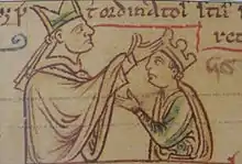 Esquise représentant un ecclésiastique posant une couronne sur la tête d'un homme portant une tunique rouge