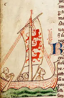 Enluminure d'un bateau stylisé dont la voile porte trois lions rouges. Plusieurs hommes en cotte de mailles sont à bord ainsi qu'un autre portant une couronne.