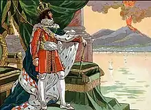 Un roi en tenue d'apparat, couronne sur la tête, de profil, appuyé sur son bâton, avec en fond la mer et un volcan en éruption.