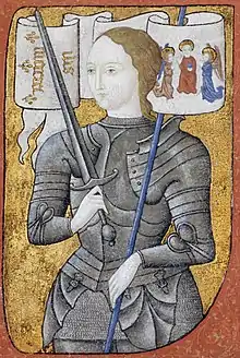 Lettrine historiée dite de Jeanne d'Arc à l'étendard, faux commis au tournant des XIXe et XXe siècles, Paris, Archives nationales.