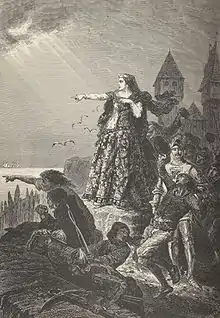 Gravure montrant une reine sur une falaise le doigt tendu vers la mer.