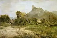 peinture de paysage montrant des maisons blotties au milieu des arbres et une grande colline surmontée d'un pic rocheux au loin