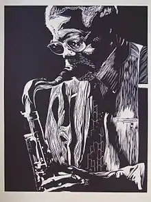 image en noir et blanc d'un saxophoniste