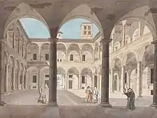 Cloître et fontaine des Dauphins, (vue de Gutensohn en 1821) de l’Hôpital Santo Spirito in Sassia, Rome