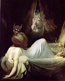 Peinture d'une femme étendue, paraissant évanouie, sur laquelle est assise une créature sombre la couvant d'un regard maléfique. La tête d'un cheval aux yeux exhorbités sort de rideaux en arrière-plan.