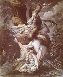 Cavalier attaqué par un serpent géant (vers 1800).