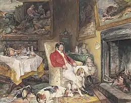 John Crocker Bulteel, représenté dans sa tenue de chasse avec deux de ses foxhounds préférés, aquarelle de John Frederick Lewis