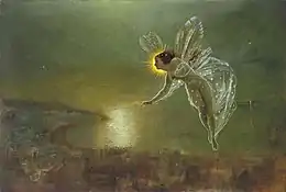 La peinture montre une petite fée aux ailes de libellules dont la tête cache en partie le Soleil. Elle se tient dans un décor brumeux.