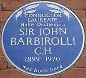 blue commémorative plaque on Barbirolli's birthplace