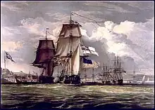Lithographie représentant deux navires à voile de dos, l'un remorquant l'autre.