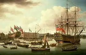 Gravure représentant un trois mâts dans un port.
