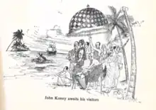Plusieurs personnages africains, sur la côte, à l'ombre d'un parasol et de deux palmiers, attendant l'arrivée d'un canot en provenance d'un navire européen. Le personnage central est John Canoe, prêt à accueillir une délégation britannique.