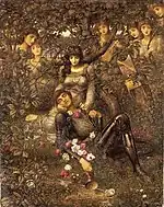Peinture aux teintes marron. Décor baroque, piqué de fleurs. Acrasie, victime entouré de vierges parmi la végétation.