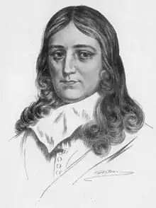 Tête de John Milton jeune, longue chevelure bouclée. Gravure.