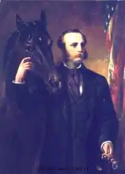 peinture d'un homme tenant la tête d'un cheval noir
