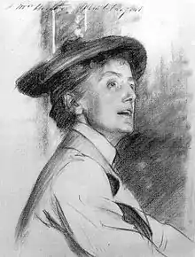 Portrait au fusain d'Ethel Smyth de trois quart par John Sargent Singer.