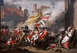 « The Death of Major Peirson, 6 January 1781 (en) » par John Singleton Copley : l'étendards à la bataille de Jersey