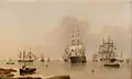 H.M.S. Britannia at Anchor with the Fleet, huile sur toile