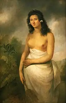 Peinture d'une femme polynésienne à la poitrine nue