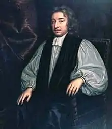 peinture : portrait de John Wilkins ; un homme assis, dans ses habits d’évêque noir et blanc, les manches bouffantes, cheveux gris de chaque côté des joues tobant[Quoi ?] jusqu'aux épaules et fines moustaches.