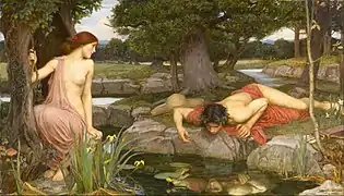 Peinture représentant sur la droite un homme allongé et se mirant dans l'eau, tandis qu'à gauche une femme à demi nue le regarde.