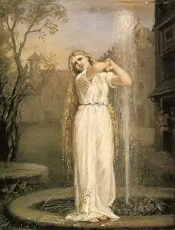 La peinture montre une femme à la longue chevelure se tenant debout près du jet d'eau vertical d'une fontaine.