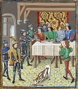 Enluminure montrant le roi Jean II (à gauche) en train d'ordonner à des hommes en armure de se saisir de quatre hommes attablés.