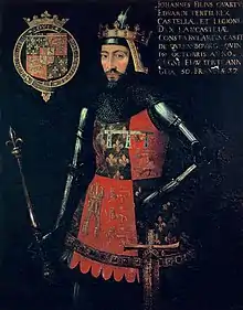 portrait de trois-quart, coupé au niveau des jambes, du duc, tenant une épée et portant une couronne