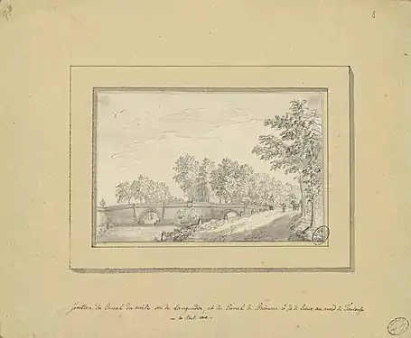 Jonction du Canal du Midi ou de Languedoc, et du Canal de Brienne à 1/4 de lieue au nord de Toulouse le 21 août 1818, dessin à l'encre, fonds Ancely de la bibliothèque municipale de Toulouse