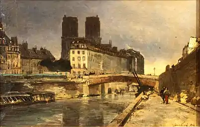 Notre-Dame de Paris vue du quai Saint-Michel avec le Petit Pont.Johan Barthold Jongkind, 1854.Musée du Louvre.