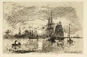 Soleil couchant - Port d'Anvers (1868), eau-forte.