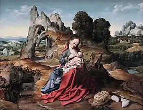 16 :  Joos van Cleve, Paysage avec repos pendant la fuite en Égypte, Musées royaux, Bruxelles, inv. 2928.