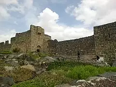 panorama, talus vert et haut mur de pierre