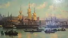 un navire à trois mâts entouré d'autres embarcations navigue sur les eaux de Venise
