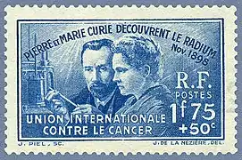 1,75 franc Découverte du Radium (1938), gravure de Jules Piel.