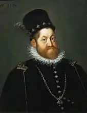 peinture : Rodolphe II, chapeau, barbe et collerette, habillé de noir porte l'insigne de la toison d'or pendant sur une chaîne.