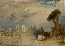 Tableau représentant des ruines sous un ciel bleu et blanc.