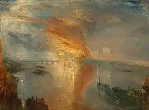 Peinture montrant un grand panache de feu et de fumée s'élevant sur un décor urbain au bord d'un fleuve.