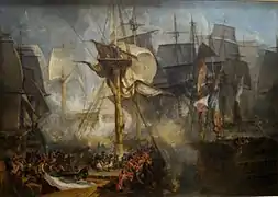 Au cœur de la bataille de Trafalgar, par William Turner, (1806-1808). Le Santisima Trinidad, capturé, coule après la bataille.